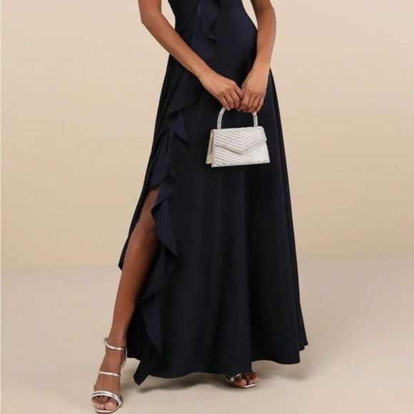 Lulus Stylish Grace Navy Blue Backless Lace-Up Ruffled Maxi Dress Size Small NEW - Picture 4 of 12